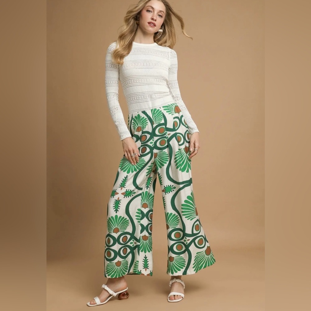 Umgee Print Green and White Wide Leg Pants Size Large
